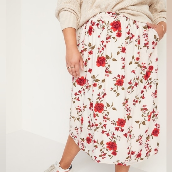 Old Navy Midi Swing Skirt Cottagecore Pull On Red White Floral Pockets Holiday - Picture 1 of 7